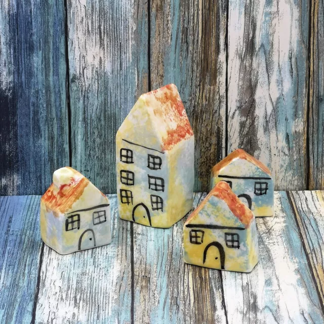 4 Pc Handmade Miniature Ceramic House Sculpture, Pottery Tiny House Hand Painted