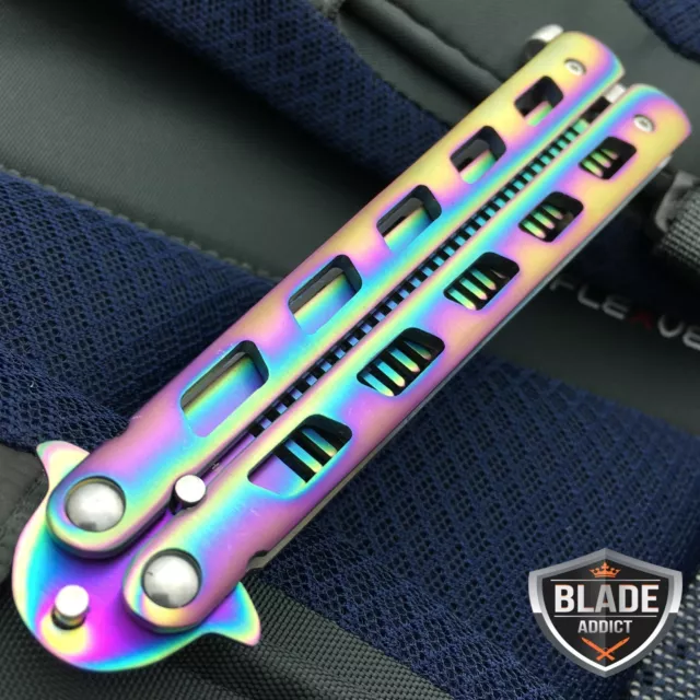 High Quality Rainbow BALISONG METAL BUTTERFLY COMB Trainer Dull Knife Blade NEW 3