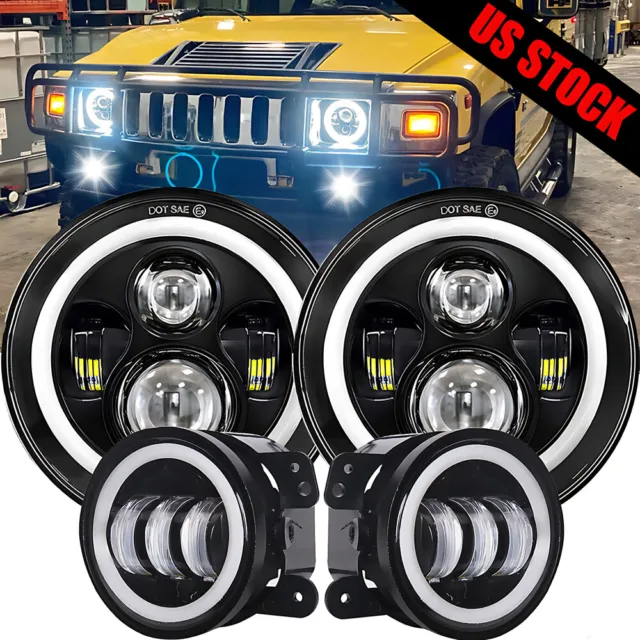 For Hummer H2 H3T 06-10 7" INCH Halo LED Headlight DRL & 4" Fog Lights Combo Kit