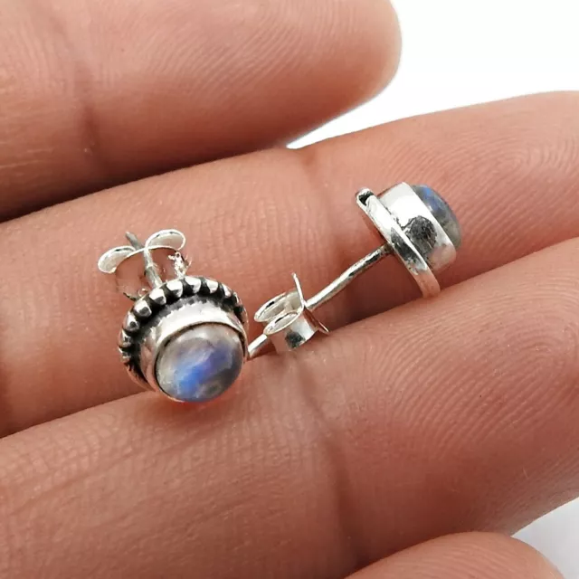 Natural Rainbow Moonstone Gemstone Stud White Earrings 925 Sterling Silver A15