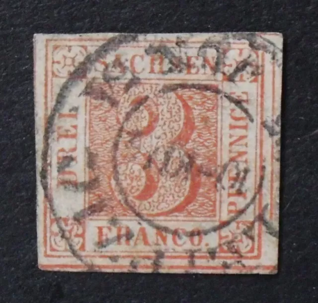 1850Mi: 8500,- MiNr 1 a SACHSEN-DREIER 3 Pfennig ziegelrot gestempelt Attest BPP