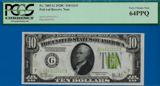 1928C $10 Federal Reserve Note PCGS 64PPQ Light Green Seal Fr 2003-G