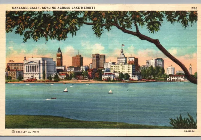 Oakland CA Postcard Skyline across Lake Merritt City View old California Card