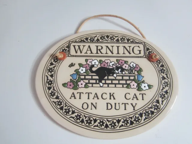 Vintage Trinity Pottery Oval Wall Plaque Sign Warning Attack Cat On Duty USA