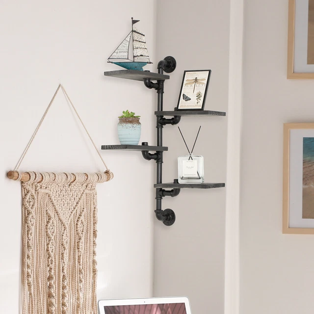 WALL MOUNTED INDUSTRIAL Gray Wood & Metal Pipe Corner Floating Display