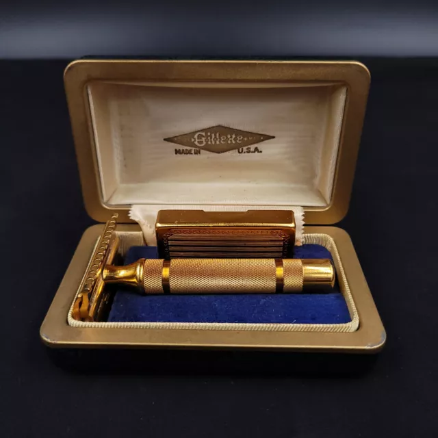 Vintage 1930's New Gold Bostonian Set DE Open Comb 3 Piece Razor & Case