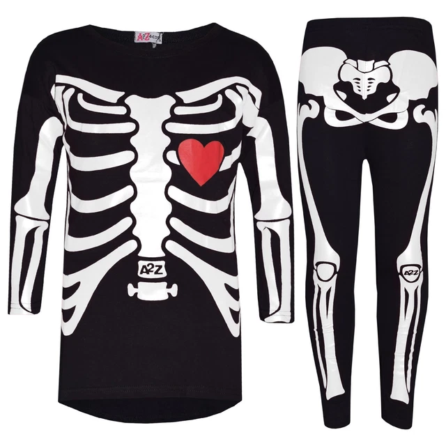 T-shirt bianca top e set leggings top per bambine stampa scheletro