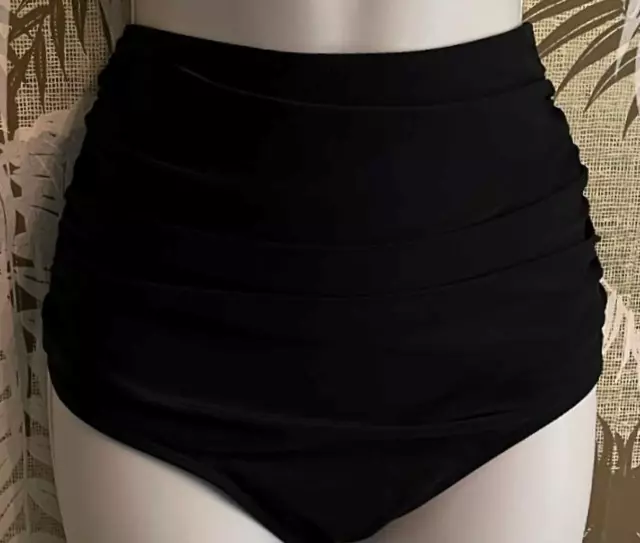 Women's Black Shirred Bikini Bottom Pull on Tummy Control High Waist Size Med