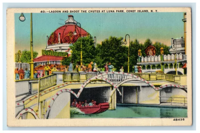 1943 Lagoon and Shoot The Chutes at Luna Park Coney Island New York NY Postcard