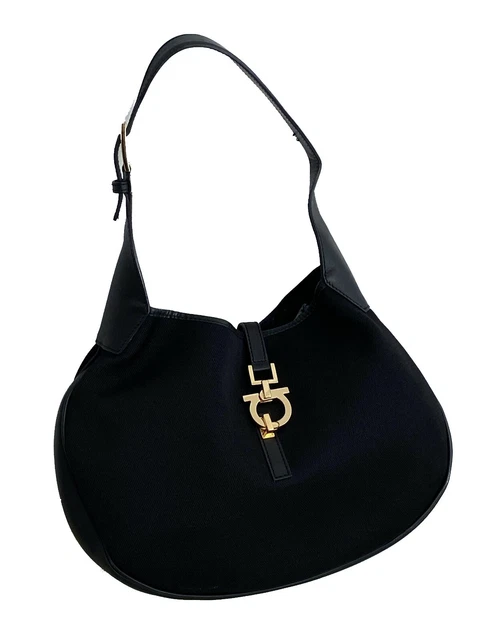 Authentic Salvatore Ferragamo Gancini Leather Nylon hobo shoulder bag Black Gold