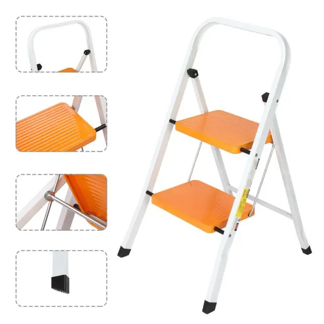 2 Step Ladder Stool Safety Anti Slip Rubber Mat Tread Steel Folding Frame DIY