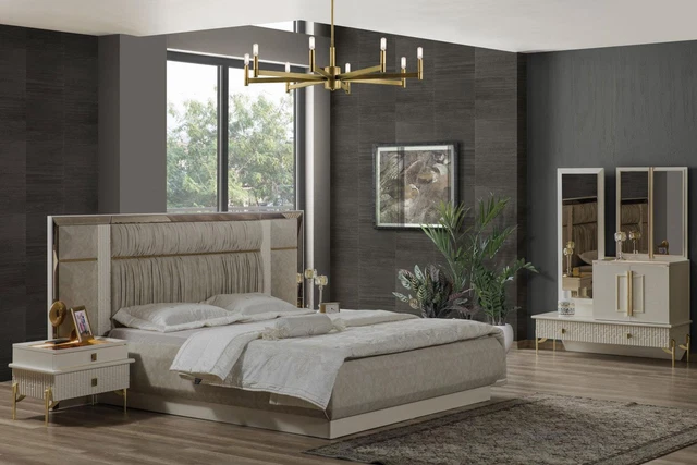 Chambre à Coucher Lit Double Ensemble Bois Beige Tissu Nachttische Set 3tlg