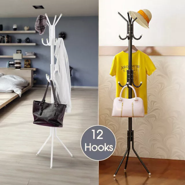 12 Hook 3-Tier Hat Coat Clothes Rack Umbrella Stand Tree Style Steel Hanger New