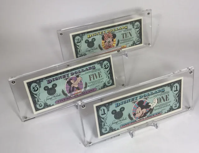1990 Disney Dollars Matching Serial # Set $1 $5 $10 AA Series In Acrylic Display