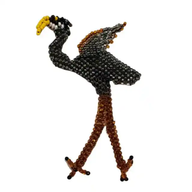 Black Flamingo Pin Brooch Seed Bead Hand Made Large 3D Figural Bird