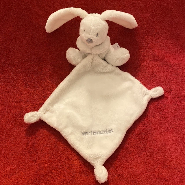 🇫🇷Doudou Lapin Blanc Mouchoir Blanc Gris Taupe Brodé VERTBAUDET