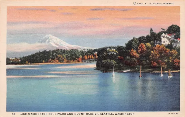 Seattle WA Lake Washington Blvd Mount Rainier Sailing Sunset Vtg Postcard B66
