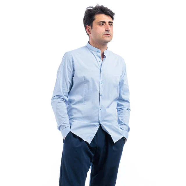 Chemise Homme Col Coréen Sorbino - Slim - Manches Longues - Taille XXL - Blanc/bleu
