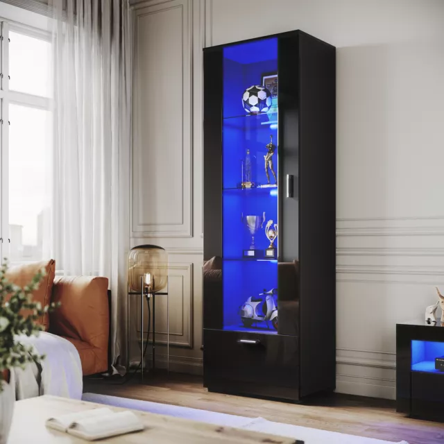 High Gloss Display Cabinet Black Cupboard Tall Storage Sideboard with LED Lights