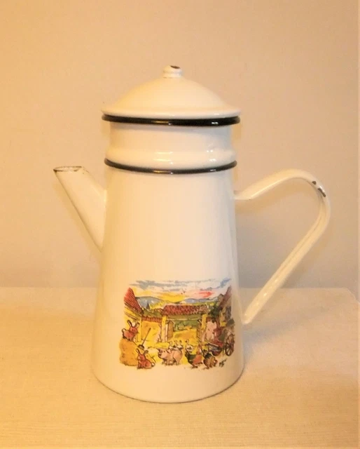 ANTIGUA CAFETERA o TETERA DE ESMALTE PORCELANICO SERIGRAFIADA