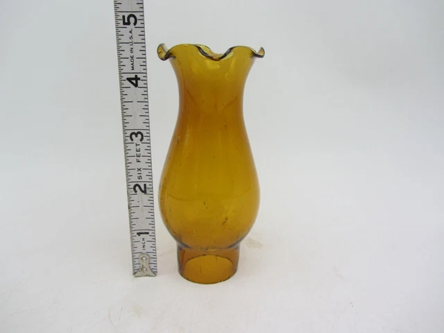 Vtg Miniature Antique Oil Lamp Amber/Yellow Glass Chimney 4.5X 1-1/4 Ruffled Top