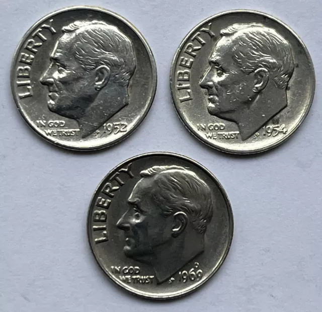 3 x Roosevelt Dimes from America (1952 / 1954 / 1969) - 90% Silver Content, VGC