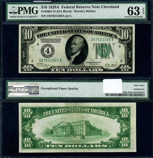 FR. 2001 D $10 1928-A Federal Reserve Note Cleveland D-A Block Choice PMG CU63 E