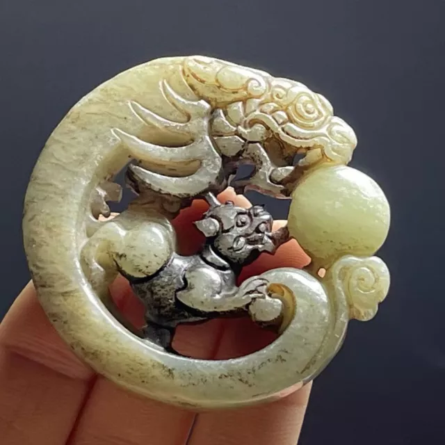 Chinese Antique Xiuyan Jade Carved Dragon Ball Necklace Pendant