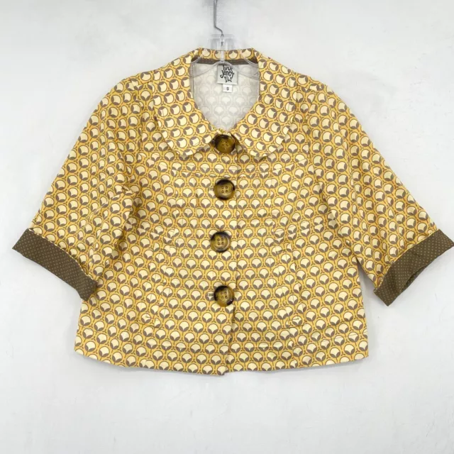 Anthropologie Ivy Jane Womens Small Jacket Yellow Brown Printed Peter Pan Collar