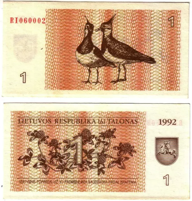 Banknote - 1992 Lithuania, 1 Talona, P39 aUNC, Eurasian Lapwings (R)