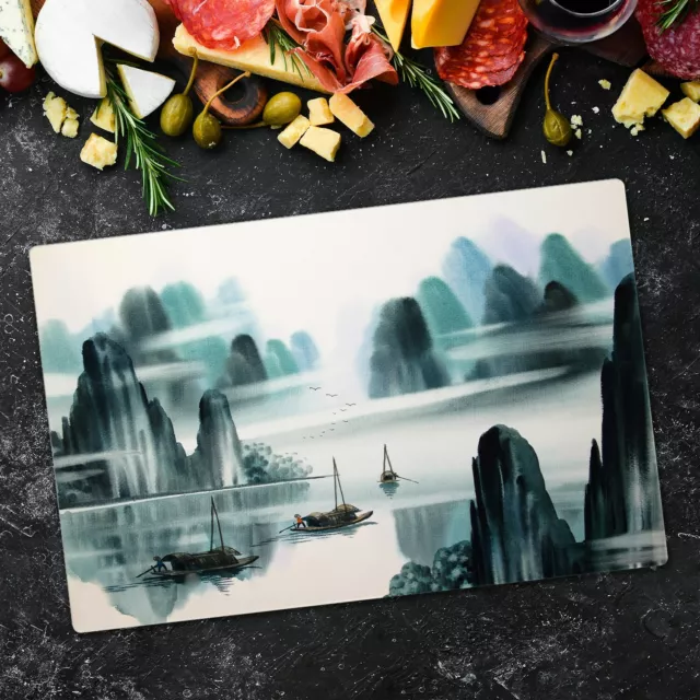 Cuisine planche a découper en verre Bateaux à l'encre de Chine 80x52 cm