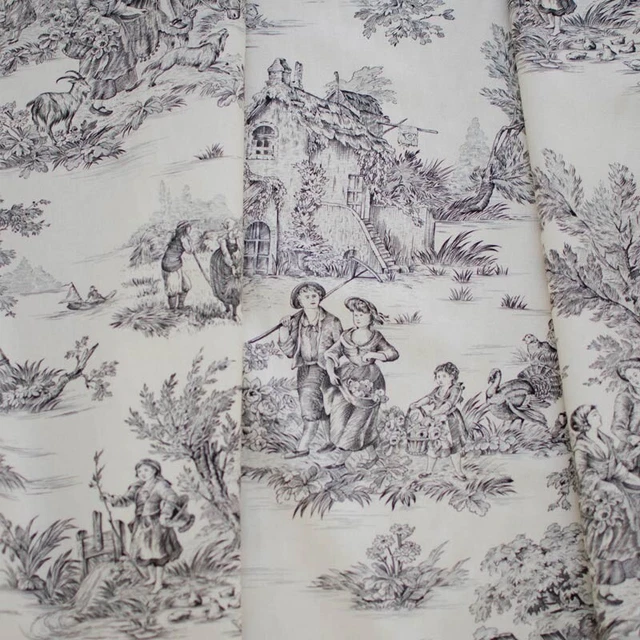 Toile De Jouy Coton Imprimée Pastorale Marron - Largeur 280 Cm, Vendue Au Demi-mètre, Made In France