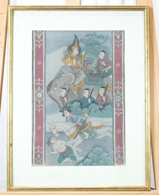 VGUC Antique 18th/19th C. Thailand Framed Hand Painted Elephant on Fabric #2