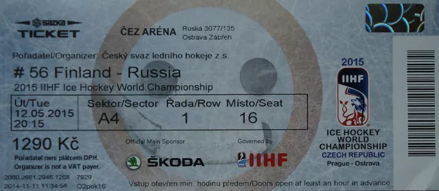 mint TICKET Eishockey WM 12.5.2015 Finnland - Russland in Ostrava