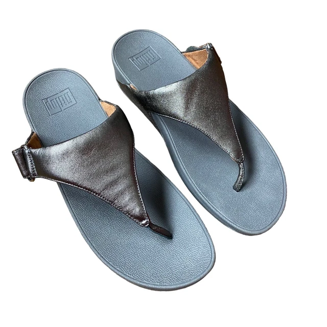 Fitflop Sarna Sandals Women 11 Toe Thongs Pewter Metallic Low Heel Wedge Slip On