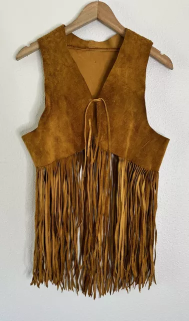 Vintage 60/70's Fringed Brown Suede Leather Vest Unisex Hippie Bohemian