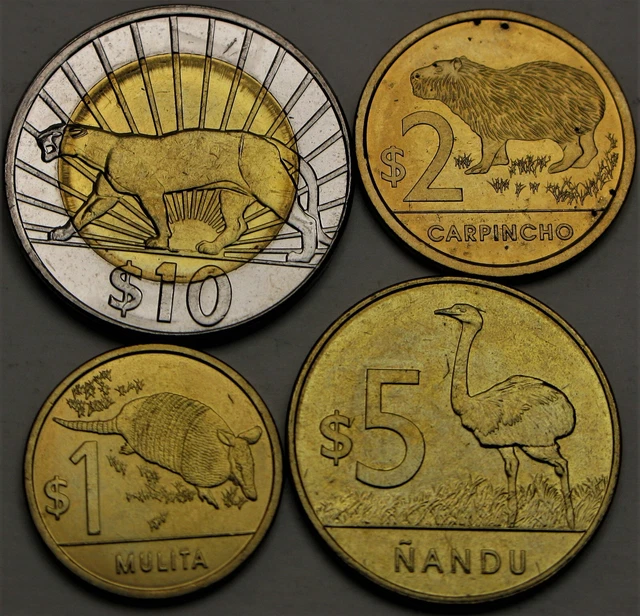 URUGUAY 1 Peso / 10 Pesos 2011 / 2012 - Animals - Lot of 4 Coins - UNC *