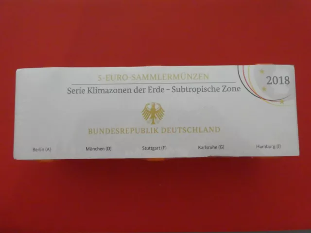 BRD, 5 x 5 Euro, Subtropische Zone, 2018 ADFGJ, mit Polymerring, Spiegelglanz