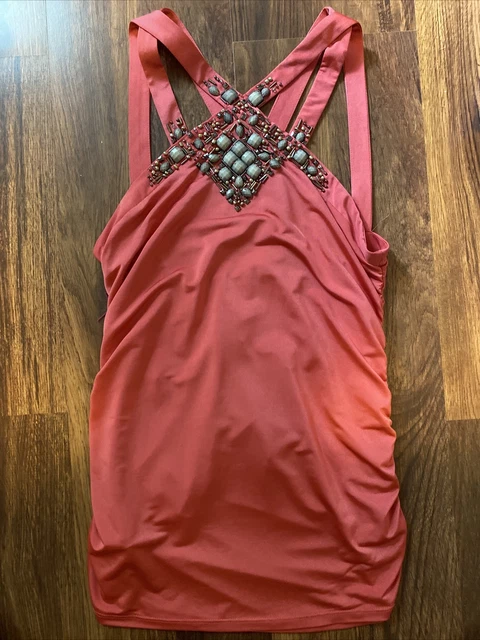 Vtg 90’s Y2k Cache Tank Strappy Top Beaded Rhinestone Coral Stretch Ruched XS