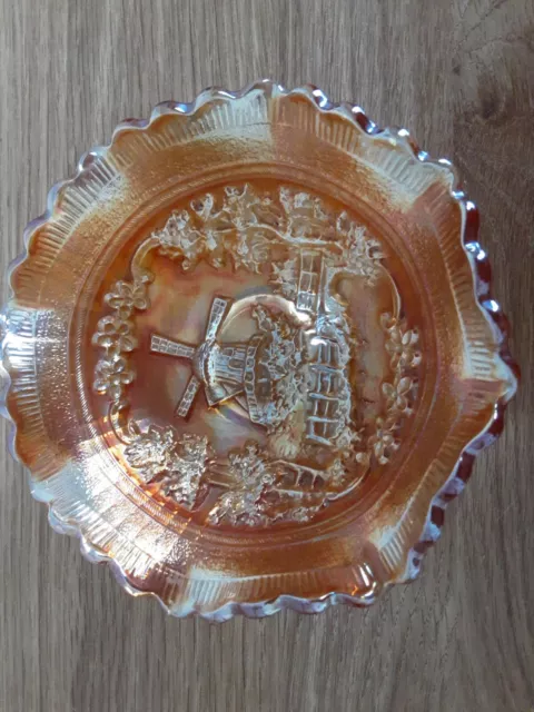 Carnival Marigold Iridescent Glass Dish  Wavy Edge - Windmill Scene