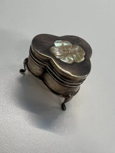 Edwardian Silver Trinket Box - Foil Shaped With Mother Pearl Flower To Lid