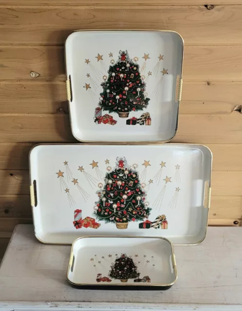 Vintage Christmas Holiday Set of 3 Serving Trays Nesting Serveware Japan