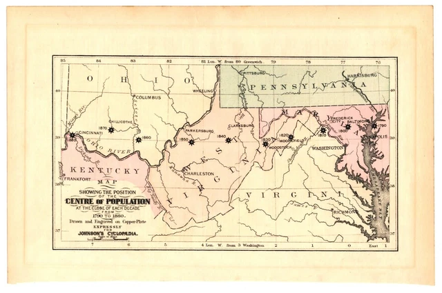 1885 WORLD MAP CENTRE OF POPULATION  (small) -Copper Plate