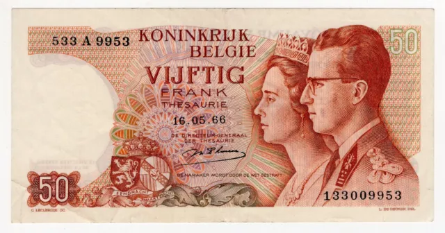 1966 Belgium Fifty 50 Francs World Banknote Nice Bill