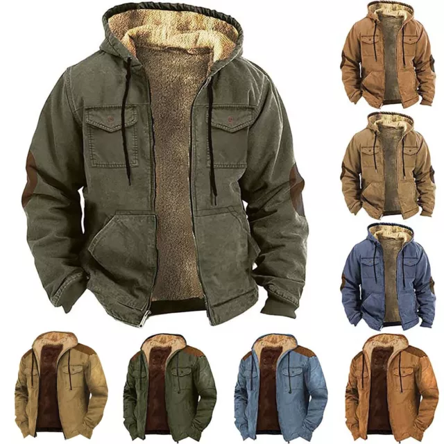 Mens Fleece Fur Hooded Jacket Coat Zipper Warm Hoodie Pocket Cotton Sweatshirt