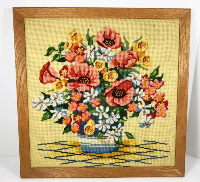 Vintage NeedlePoint Wall Art Floral Arrangement Framed Picture 18x18 Yellow Oran