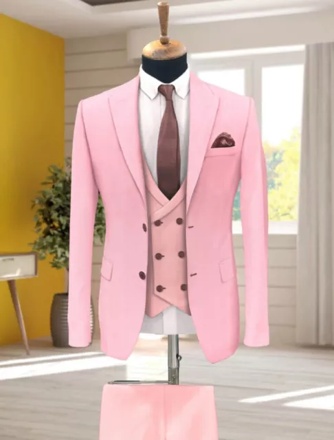 Men Light Pink 3 Piece Slim Fit Formal Fashion Wedding Groom Tuxedo Suit Bespoke