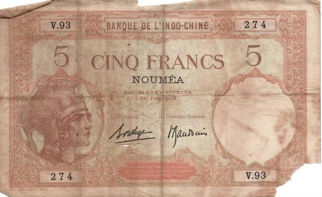 New Caledonia (Noumea) 5 Francs ca. 1926 Well Circulated Banknote Paper Money