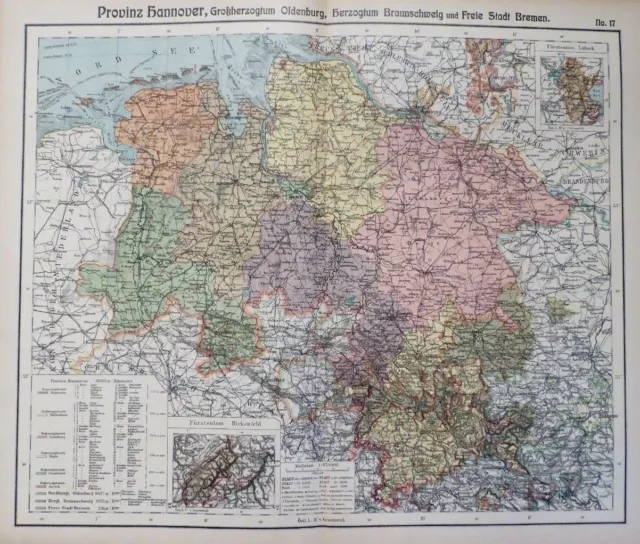 Landkarte Provinz Hannover, Oldenburg, Braunschweig, Bremen, Otto Herkt um 1908