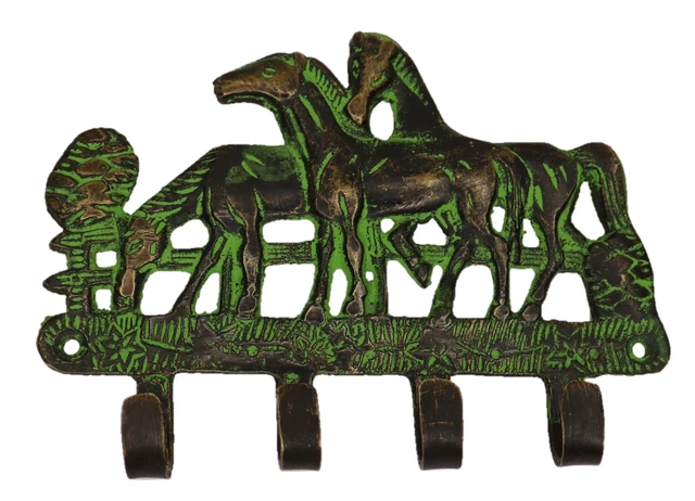 3 Horse Shape 4 Hook Antique Style Handmade Brass Cloth Key Cap Wall Hanger Hook
